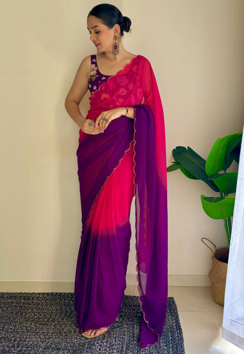 Scalloped Georgette Saree in Fuchsia and Purple