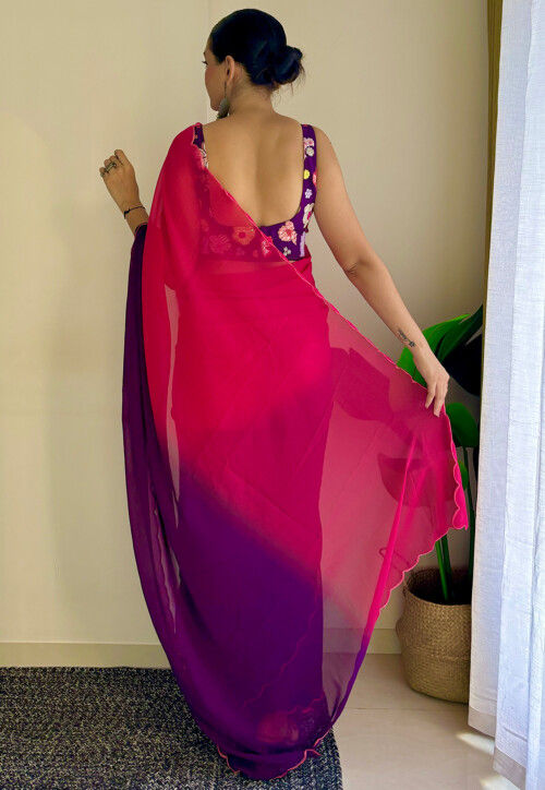 Scalloped Georgette Saree in Fuchsia and Purple