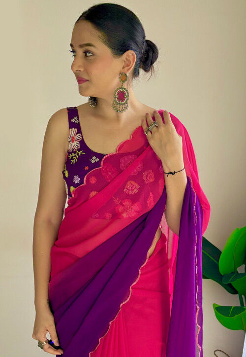 Scalloped Georgette Saree in Fuchsia and Purple