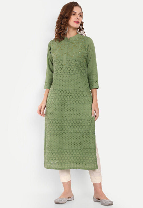 green strapless cotton dress Olive Green Schiffli Eyelet Lace-Up Tiered Midi Dress main image 1
