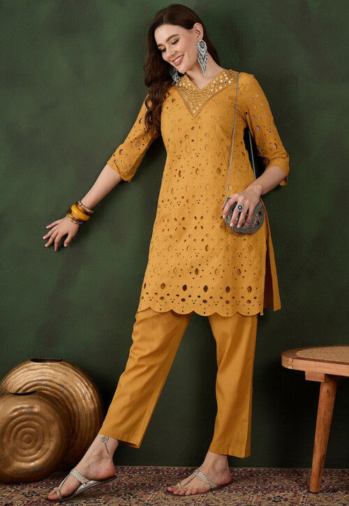 Schiffli Embroidered Cotton Scalloped Straight Kurta Set in Mustard