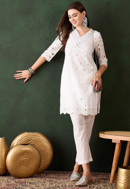Schiffli Embroidered Cotton Scalloped Straight Kurta Set in Off White