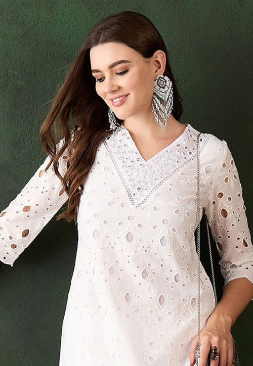 Schiffli Embroidered Cotton Scalloped Straight Kurta Set in Off White