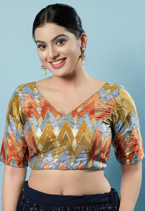 Sequinned Art Silk Blouse in Olive Green