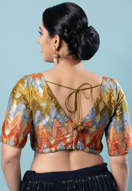 Sequinned Art Silk Blouse in Olive Green