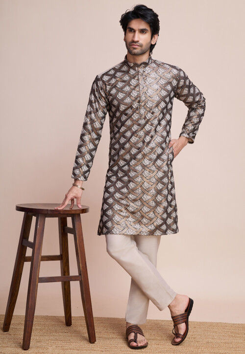 Sequinned Art Silk Kurta in Beige