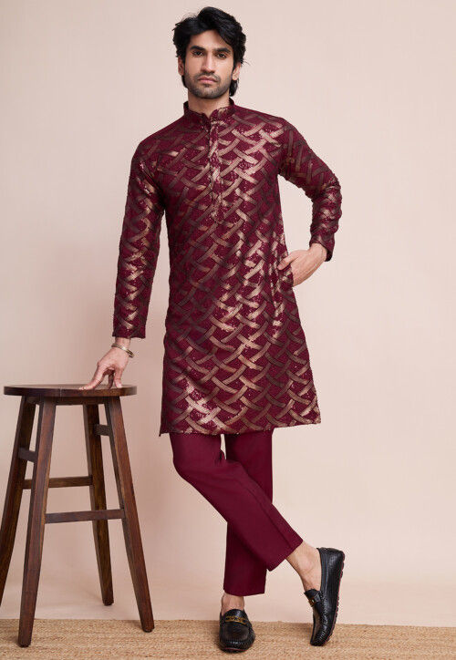 Sequinned Art Silk Kurta in Maroon
