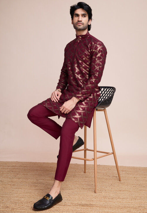 Sequinned Art Silk Kurta in Maroon