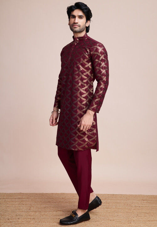 Sequinned Art Silk Kurta in Maroon