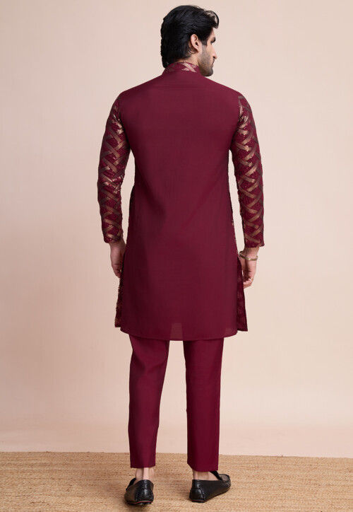 Sequinned Art Silk Kurta in Maroon