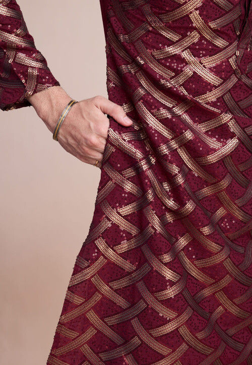 Sequinned Art Silk Kurta in Maroon