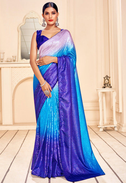 Sequinned Art Silk Saree in Blue Ombre