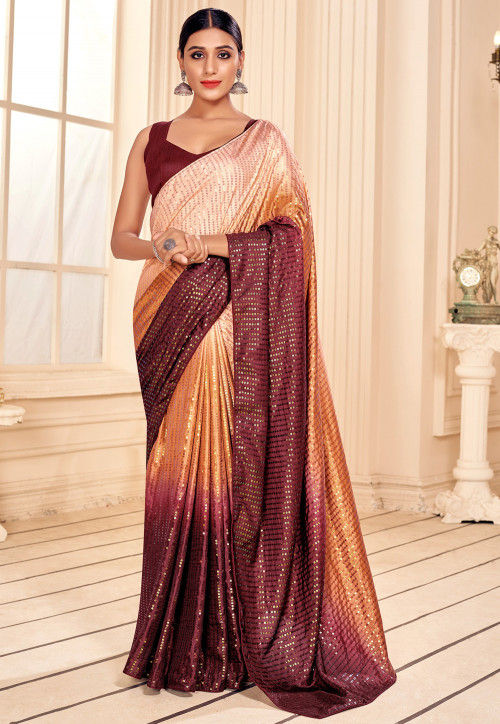 sequinned art silk saree in peach and maroon ombre v1 spf1825 6