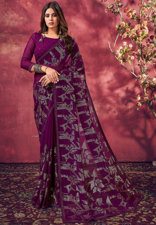 Sequinned Art Silk Saree in Purple