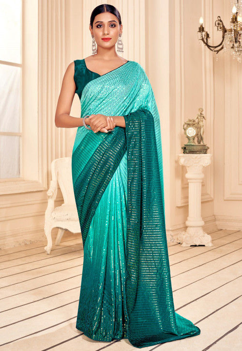 Sequinned Art Silk Saree in Turquoise Ombre