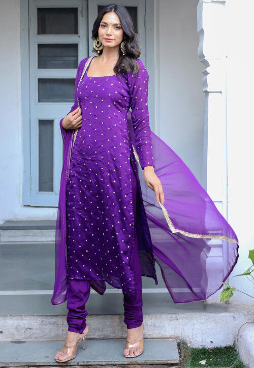 Sequinned Chinon Crepe Straight Suit in Purple