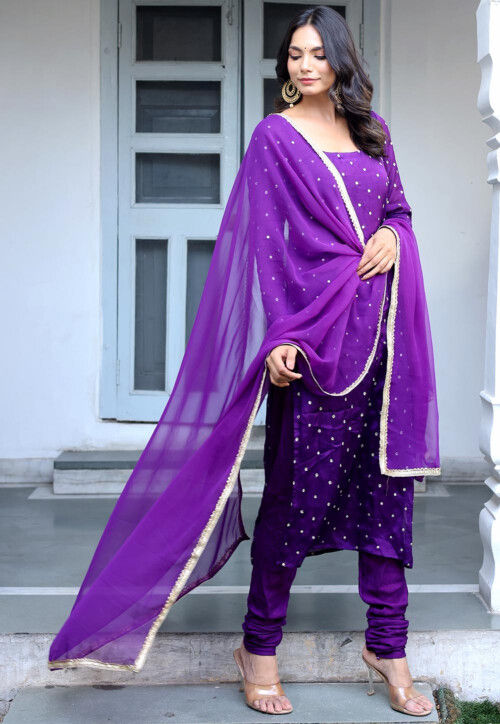 Sequinned Chinon Crepe Straight Suit in Purple
