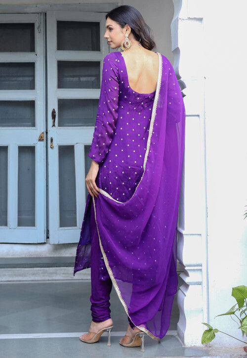 Sequinned Chinon Crepe Straight Suit in Purple