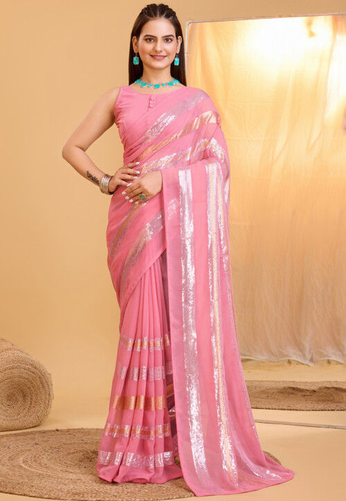 Sequinned Georgette Saree in Pink