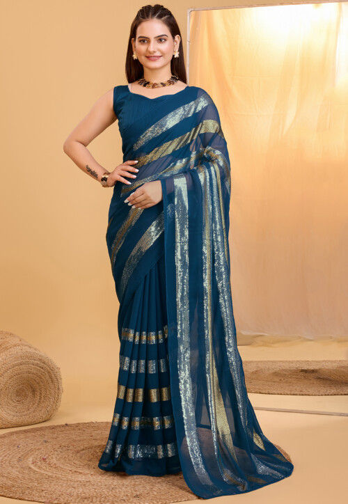 Sequinned Georgette Saree in Teal Blue