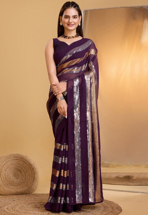 Sequinned Georgette Saree in Wine
