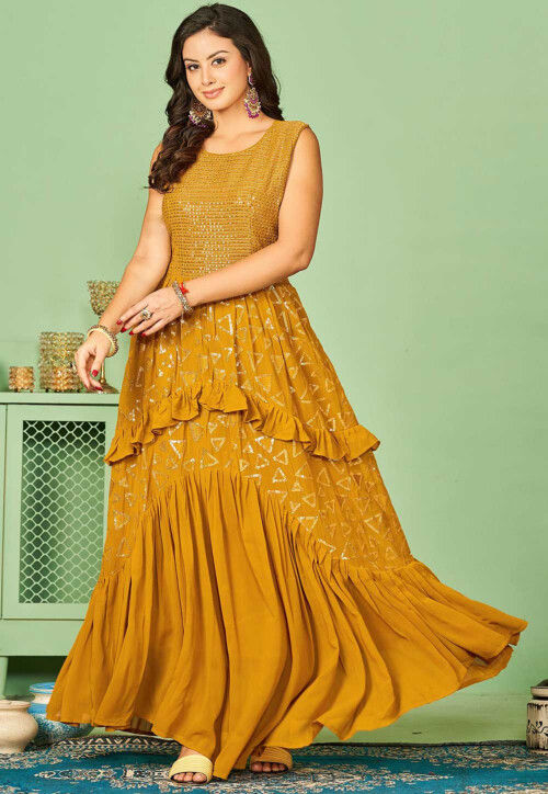 Gown Faux Georgette Yellow Embroidered Gown – Kajols - Indian & Pakistani  Fashion & Tailoring