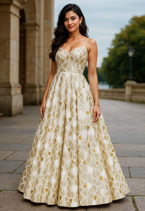 Sequinned Georgette Gown in White
