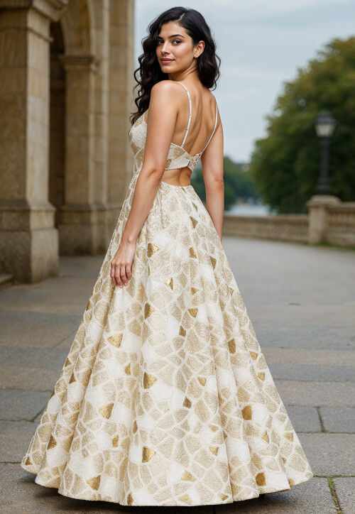 Sequinned Georgette Gown in White