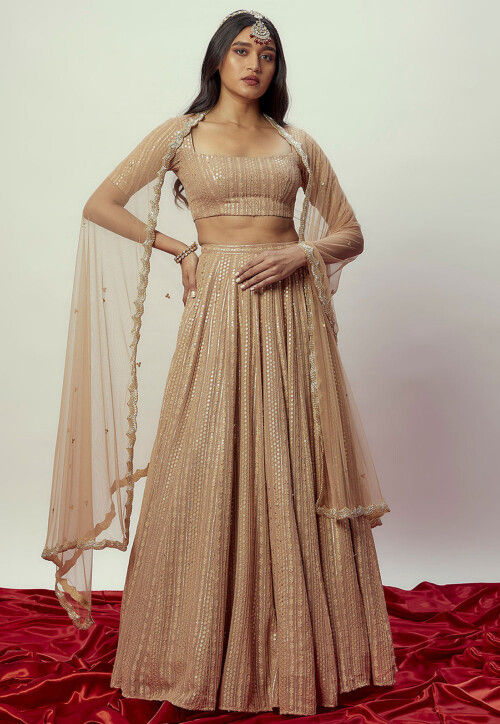Sequinned Georgette Lehenga in Beige