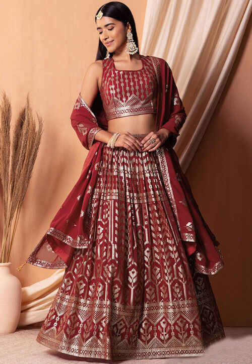 Sequinned Georgette Lehenga in Maroon