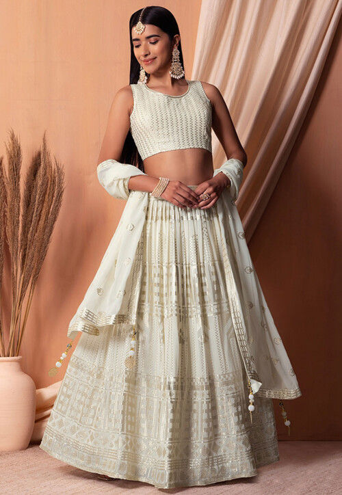 Sequinned Georgette Lehenga in Off White