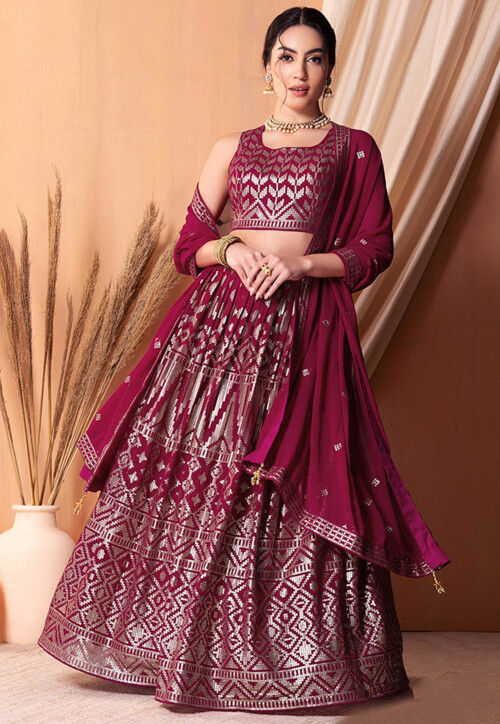 Sequinned Georgette Lehenga in Wine
