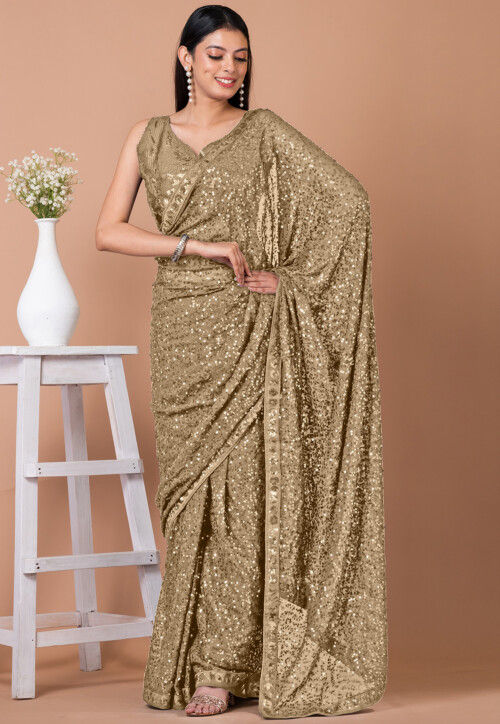 Gold-toned Sequinned Pure Georgette Heavy Work Saree - Etsy
