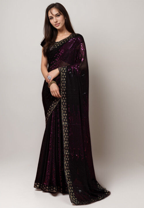 Sequinned Georgette Saree in Black and Dark Pink