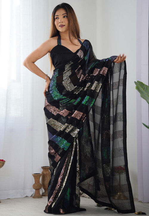 Jet Black Sequinned Pre-Draped Georgette Saree with Designer Blouse main image 0