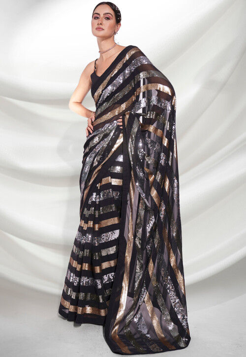 Sequinned Georgette Saree in Black