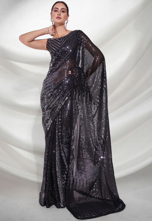 Brown Georgette Saree With Sequin Embellishments at Soch