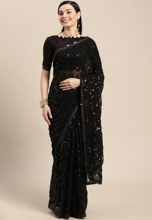 Sequinned Georgette Saree in Black