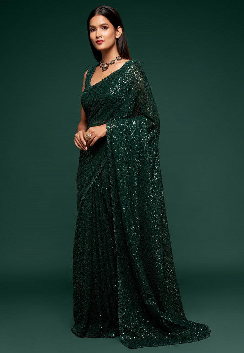 Dark Green Color Plated Saree And Attached Belt Blouse – Amrutamfab