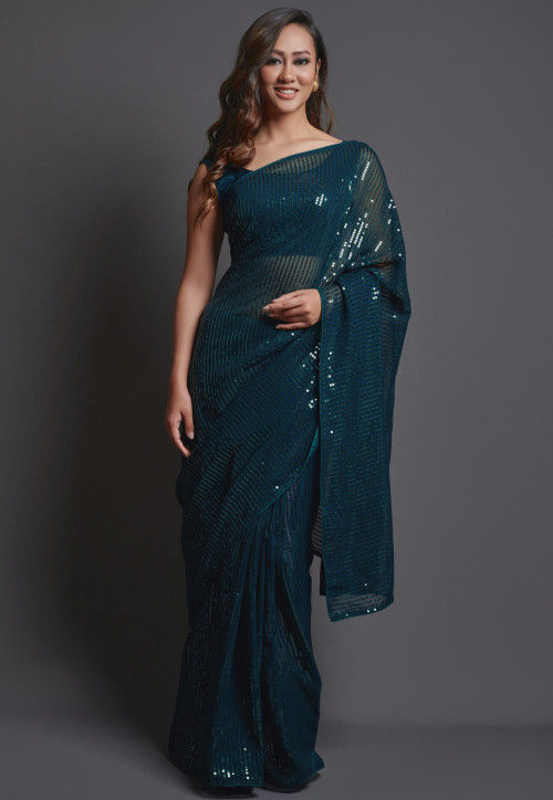 Buy Sequinned Georgette Saree in Dark Teal Blue Online : SPF4402 - Utsav Fashion