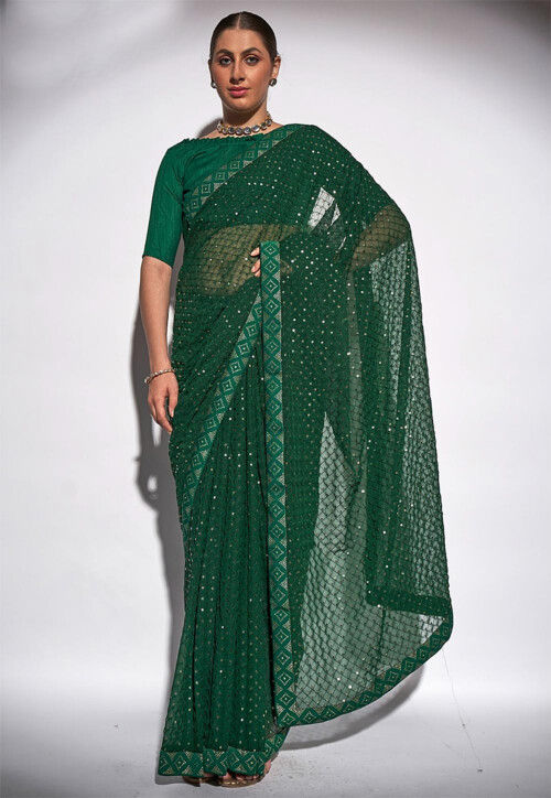 Sequinned Georgette Saree in Green