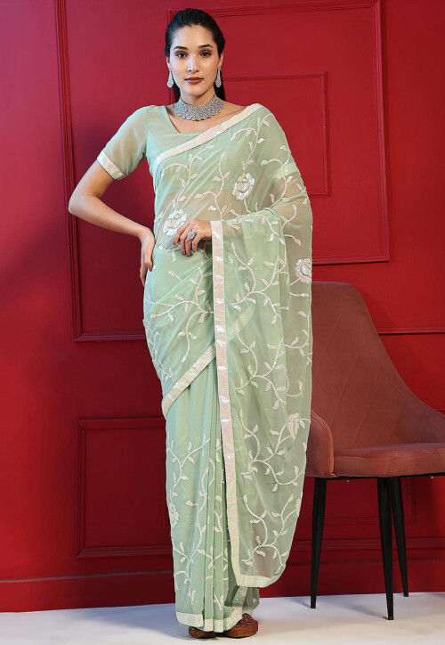 Sequinned Georgette Saree in Light Green