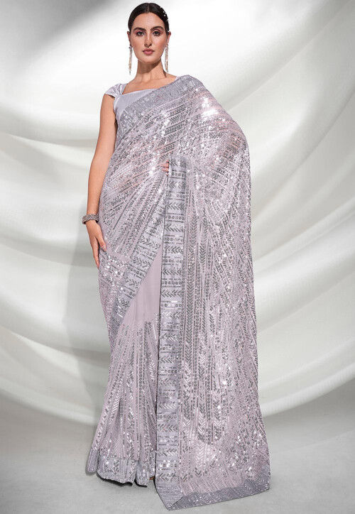 Sequinned Georgette Saree in Light Grey : SPF8176