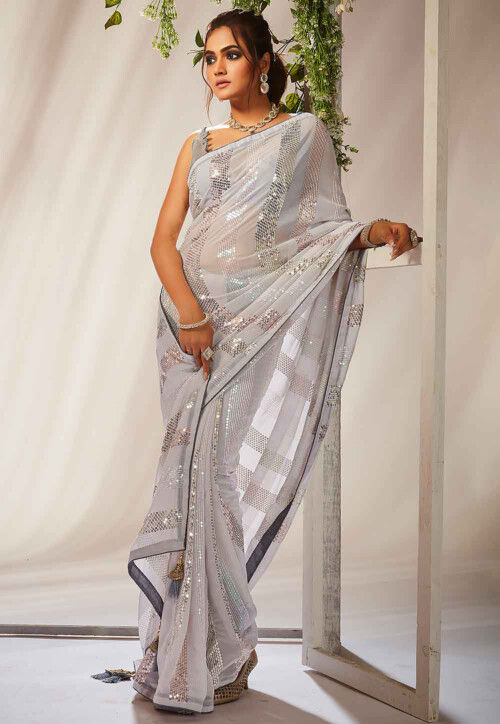 Sequinned Georgette Saree in Light Grey