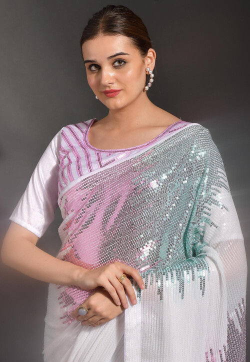 White Stripes Sequinned Bling Embellished Designer Georgette Saree