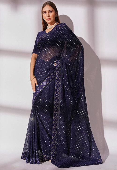 Sequinned Georgette Saree in Navy Blue