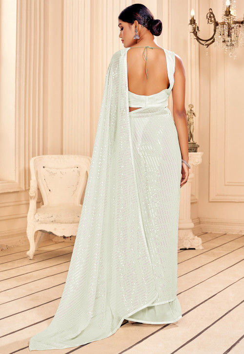 Sequinned Georgette Saree in Off White