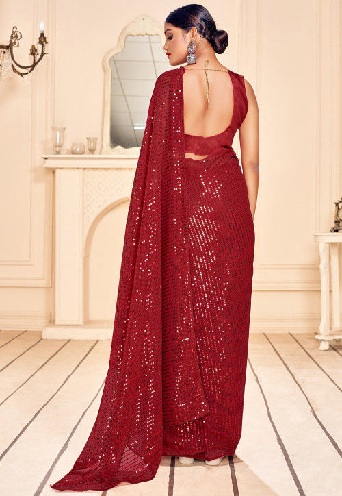 Sequinned Georgette Saree in Maroon