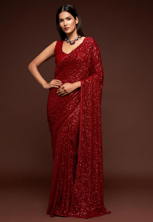 Sequinned Georgette Saree in Red : SYC9909