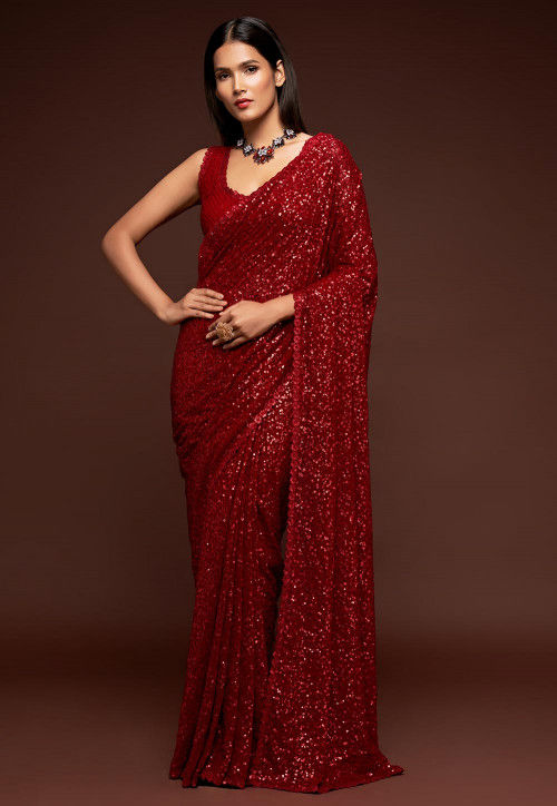 Solid Color Shimmer Lycra Georgette Saree in Red : SJN7539